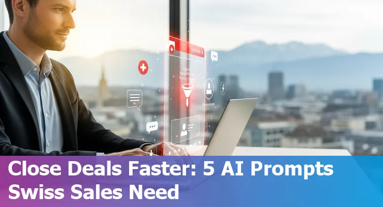 Swiss sales professional using AI prompts on a laptop with Swiss skyline and sales charts in the background.