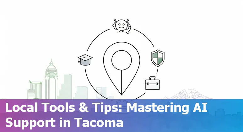 Customer service agent using AI chatbot on laptop in Tacoma, Washington skyline background