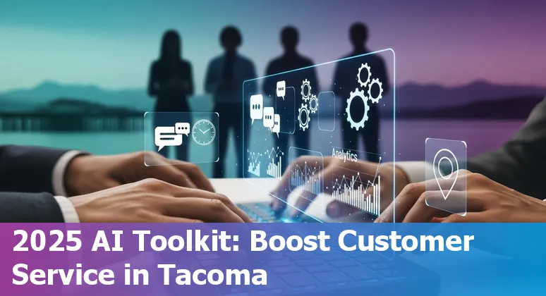 Collage of AI customer service tools logos and Tacoma skyline, showing chatbots, tickets, and analytics.