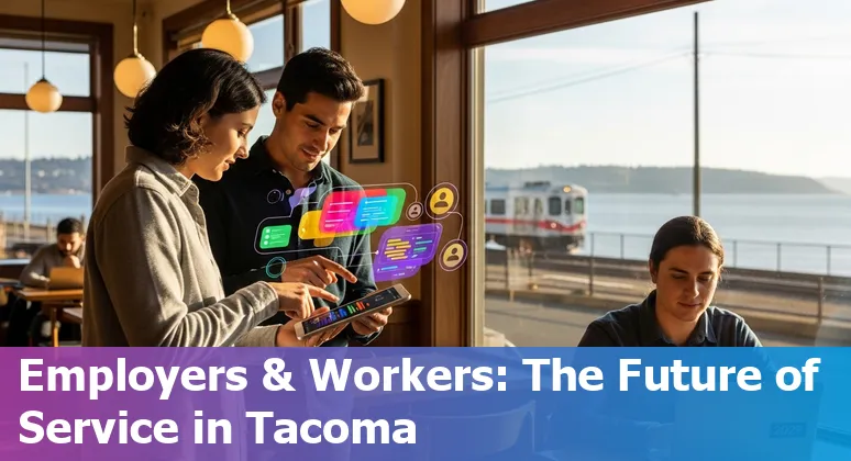 Tacoma, Washington customer service worker using AI tools while helping a customer at a local Tacoma business.