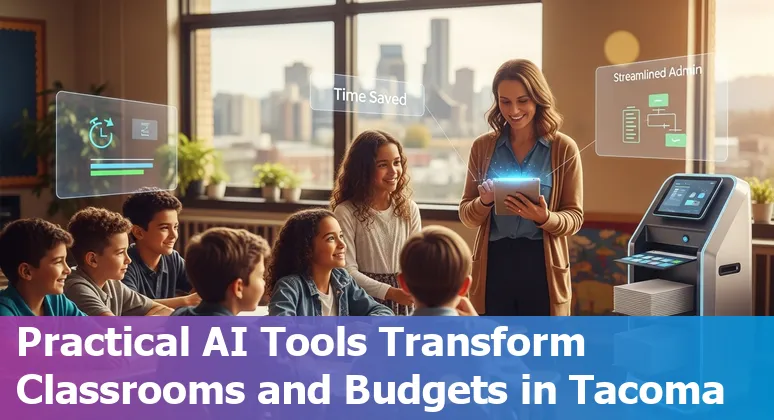 Tacoma, Washington education staff using AI tools on laptops to streamline administrative work in Washington, US