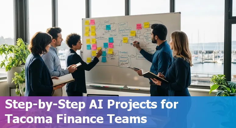 Finance professional using AI tools with Tacoma, Washington skyline in background, 2025