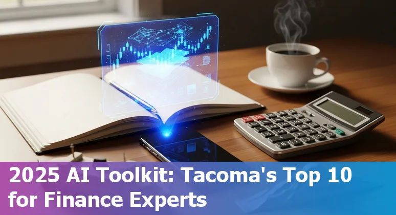 Finance professional in Tacoma using AI tools like Excelmatic and Cube on laptop with Tacoma skyline in background.