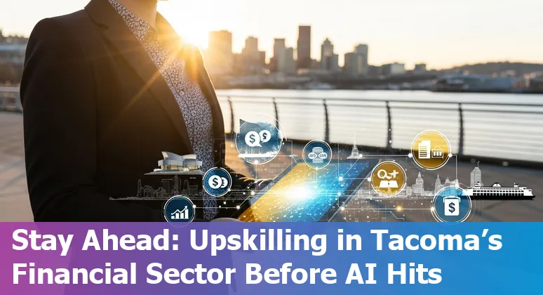 Tacoma skyline with financial icons and AI automation symbols representing jobs at risk and career upskilling.