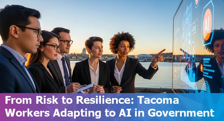 Tacoma city skyline with government buildings, public workers collaborating and AI data overlays.