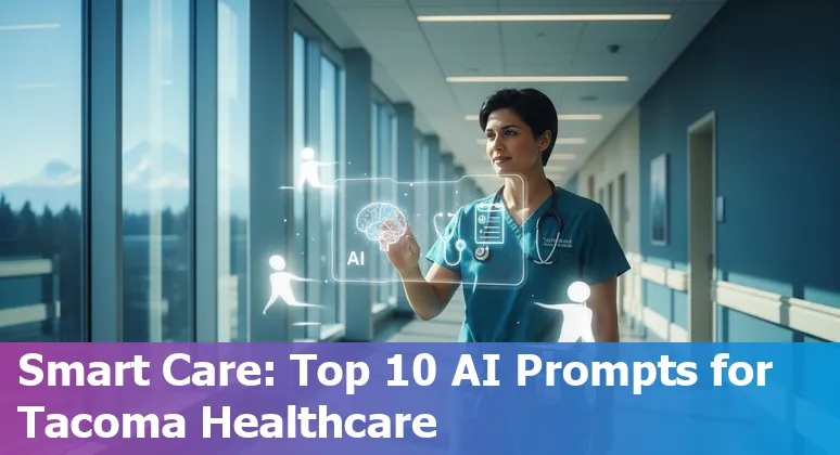 Healthcare staff and AI interfaces overlaid on Tacoma skyline illustrating AI use cases in hospitals