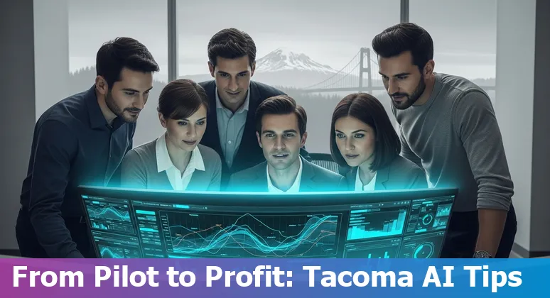 Illustration of AI-driven hotel operations in Tacoma, Washington with smart room, chatbot, and Tacoma skyline
