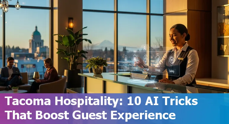 Hotel lobby in Tacoma with AI chatbot kiosk, smart thermostat and staff using a tablet.