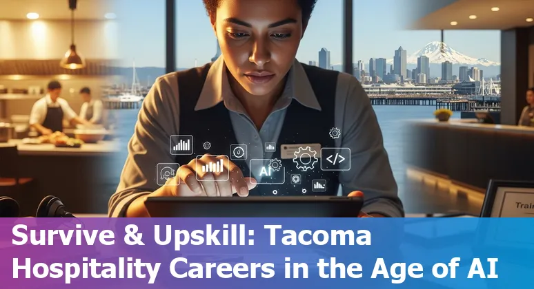 Hotel front desk with digital kiosk and a worker using a laptop, symbolizing AI impact on Tacoma hospitality jobs