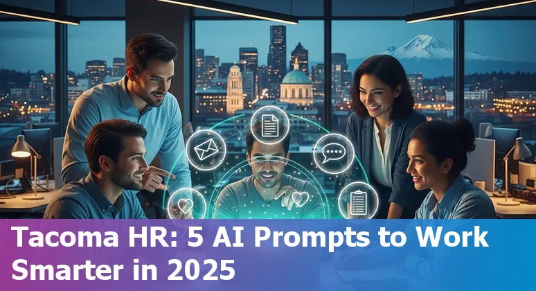 Tacoma HR professional using AI prompts on a laptop with Tacoma skyline in background.