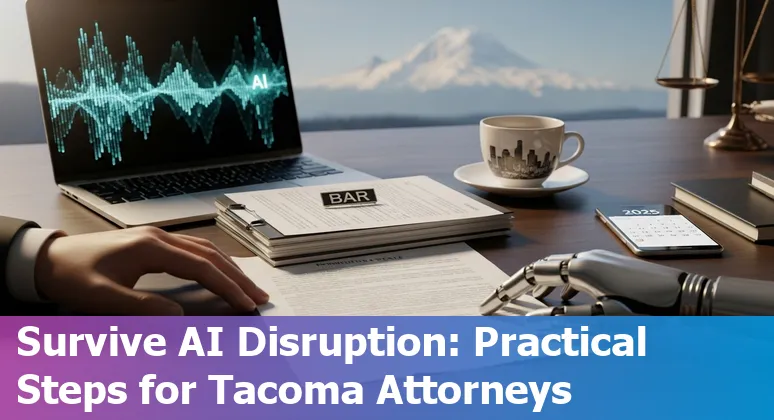 Tacoma, Washington, US skyline with legal scales and AI circuit overlay — Will AI replace legal jobs in Tacoma?