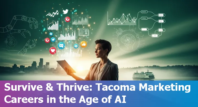 Tacoma, Washington, US marketer using AI tools on a laptop with Tacoma skyline in background