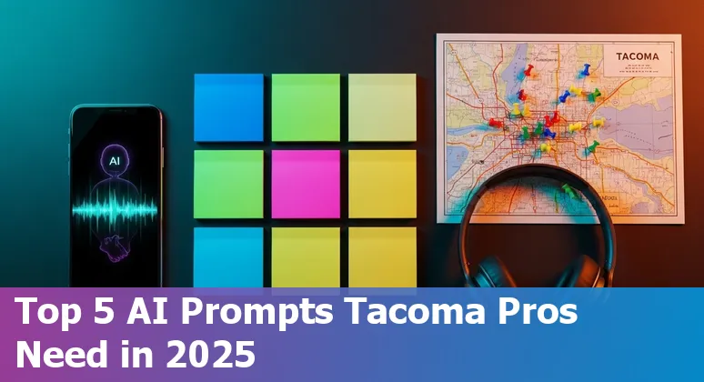 Marketing professional in Tacoma using AI prompts on a laptop with Tacoma skyline in background