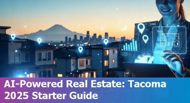 Real estate agent using AI tools on a laptop in Tacoma, Washington with Tacoma skyline in background