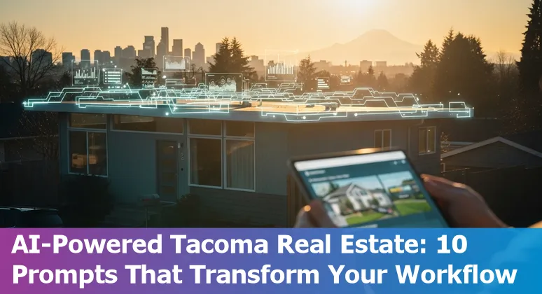 Tacoma skyline with AI icons and real estate symbols representing valuation, listings, and property management