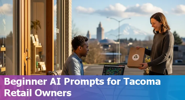Tacoma retail shop owner using AI assistant on a tablet for local inventory and customer personalization.