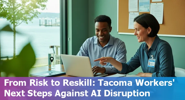 Tacoma retail worker using tablet while AI analytics overlay shows inventory and customer chatbots.