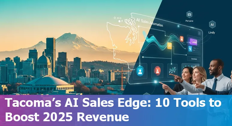Collage of AI sales tool logos (Persana, Artisan, Common Room, Lavender, Bardeen, 11x.ai, Octave, Superagent, Botsonic, Lindy) over a Tacoma skyline.
