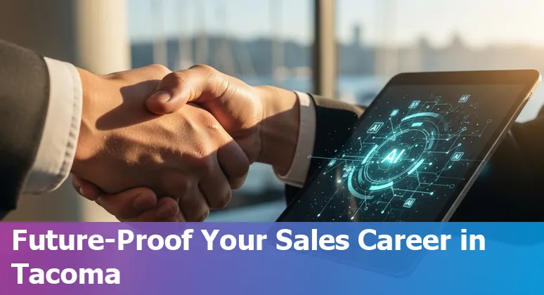 Tacoma Washington salesperson using AI tools on a laptop with Tacoma skyline in background