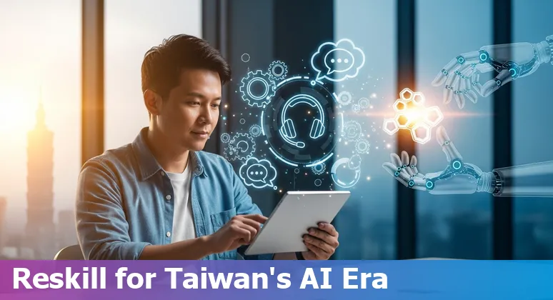 Customer service representative with AI chatbot overlay in Taiwan office