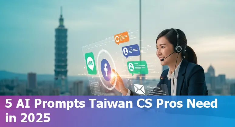 Customer service agent using AI prompts on laptop with LINE and Facebook icons over a map of Taiwan