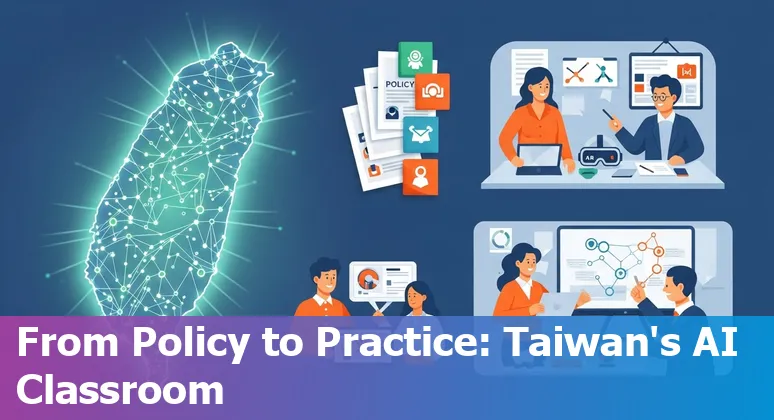 Teacher and students using AI tools in a Taiwanese classroom, Taiwan 2025 — TAIDE and AI Literacy for All materials visible