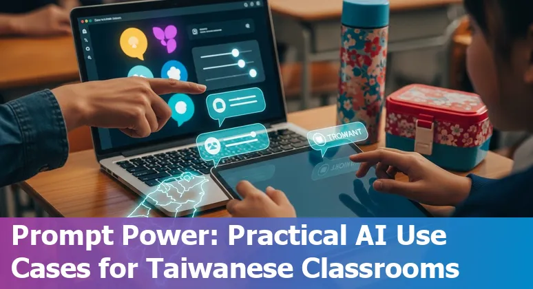 Taiwanese teacher using AI tools with students in a bilingual classroom