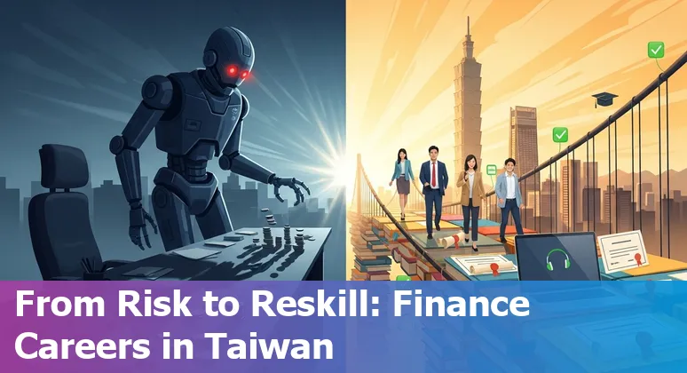 Taiwan financial services professionals learning AI skills with Taipei skyline and semiconductor plant in background