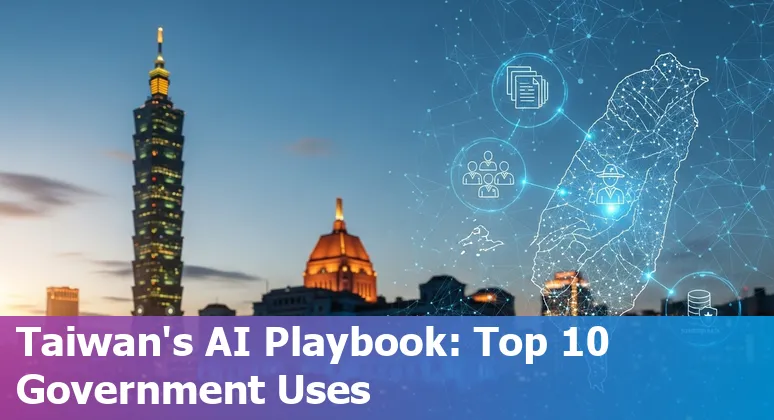 Infographic showing top 10 AI prompts and government use cases in Taiwan: policy, training, sovereign data, smart living, PPPs, sandbox, SMEs, chatbot, tech roadmap, ethics.