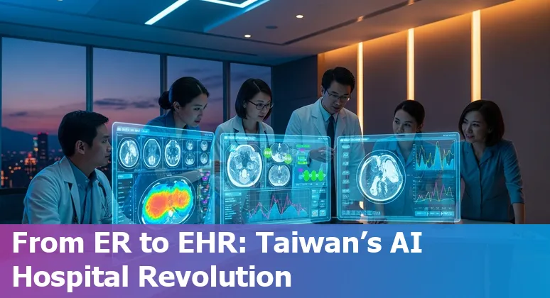 Collage of Taiwan healthcare AI: digital stethoscope, microscope slides, hospital, and AI agent icons