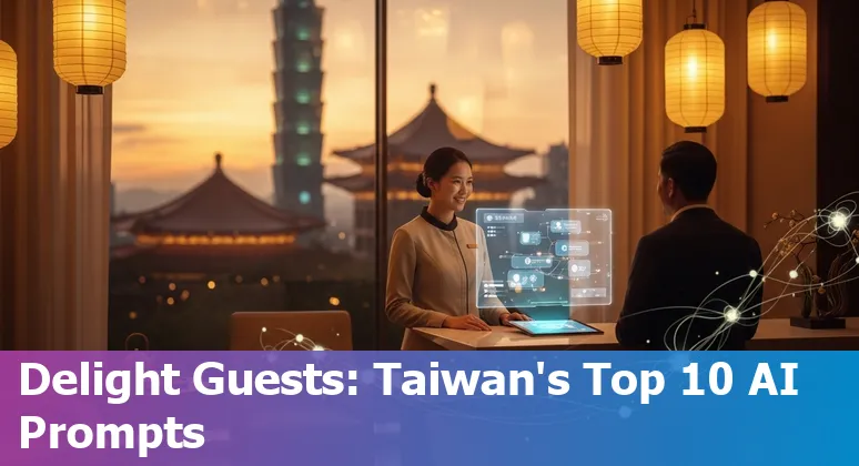 Hotel staff using an AI dashboard with Taipei skyline and icons for chatbots, IoT, pricing and reviews.