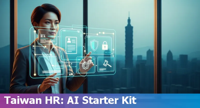 HR professional using AI tools in an office with Taiwan skyline in 2025