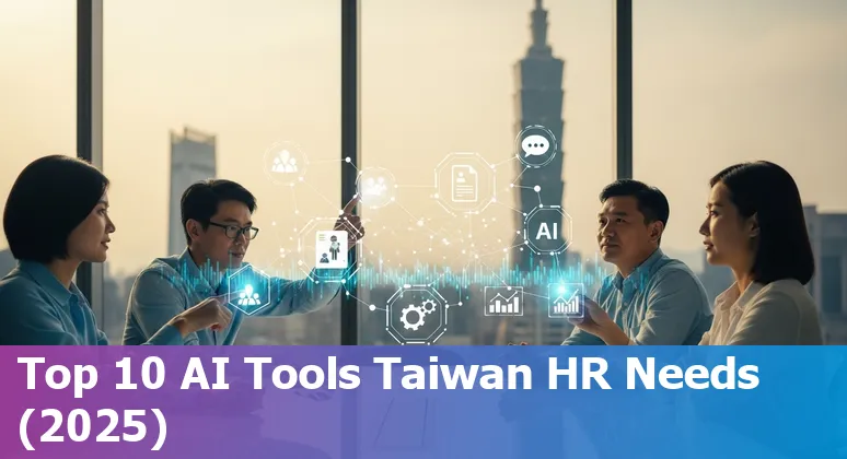 Collage of AI HR tool logos over a Taiwanese office background, symbolizing HR tech adoption in 2025.