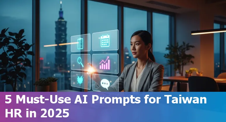 HR professional using AI prompts on a laptop with Taipei skyline in the background