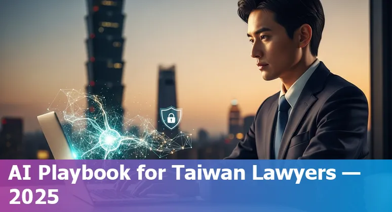 Legal professional using AI on a laptop with Taipei skyline, Taiwan