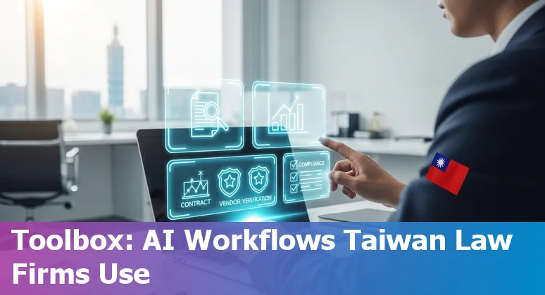 Collage of logos: ChatGPT, Microsoft Copilot, CoCounsel, Lexis+, Claude, LEGALFLY, Diligen, Everlaw, InQuartik, AIPLUX INPAS over Taiwan map