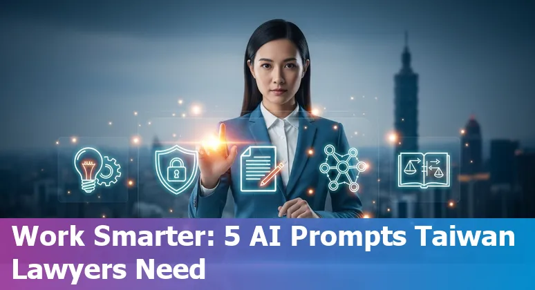 Taiwanese lawyer using AI prompts on laptop with legal icons for TIPO, PDPA, MODA, FSC, and Judicial Yuan.