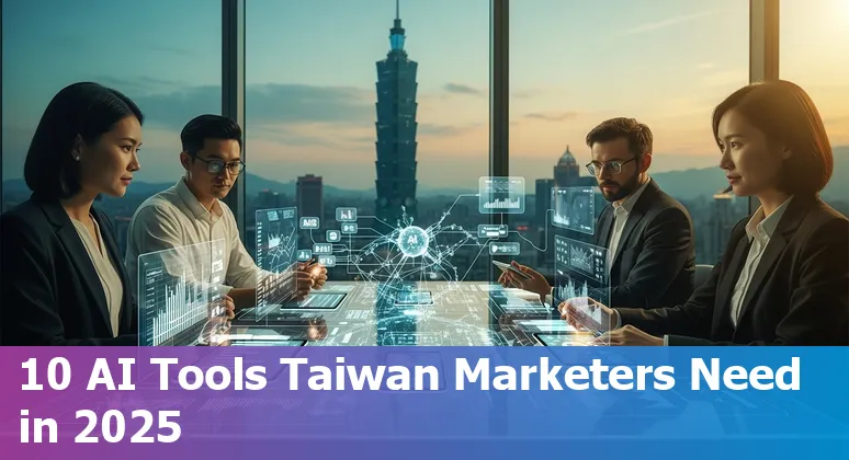 Collage of AI marketing tool logos (Jasper, MarketMuse, SEMrush, Ahrefs, SurferSEO, ManyChat, Drift, HubSpot, Grammarly, InVideo) over a Taiwan map