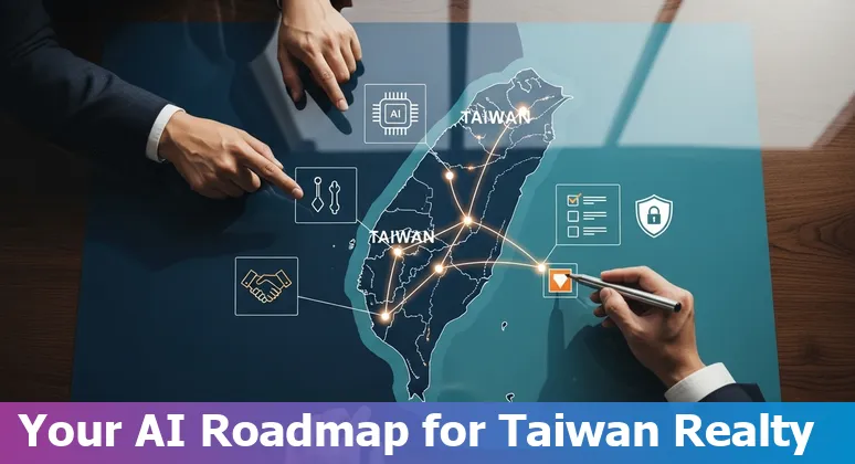 Illustration of AI applications in Taiwan real estate 2025 with buildings, data charts and regulatory icons in Taiwan