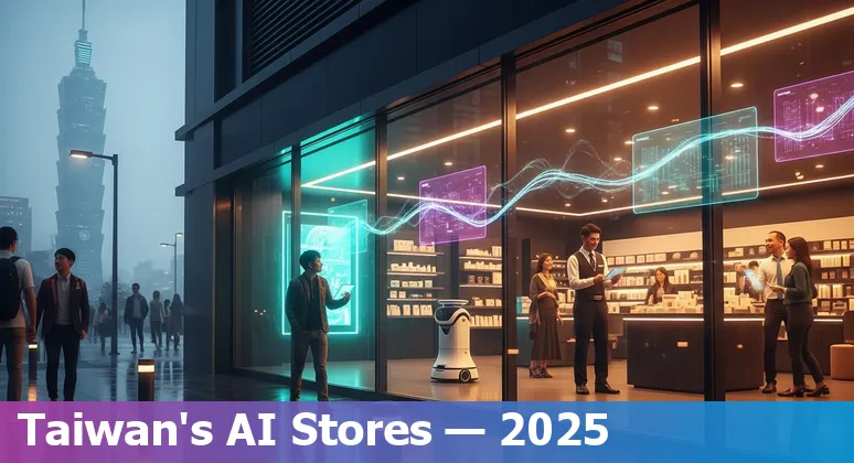 Taiwan retail storefront with AI kiosks, robots and LINE chat commerce illustrating AI in Taiwan retail 2025