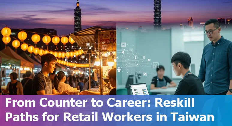 Taiwan retail store with self-checkout kiosks, warehouse robots and staff training icons