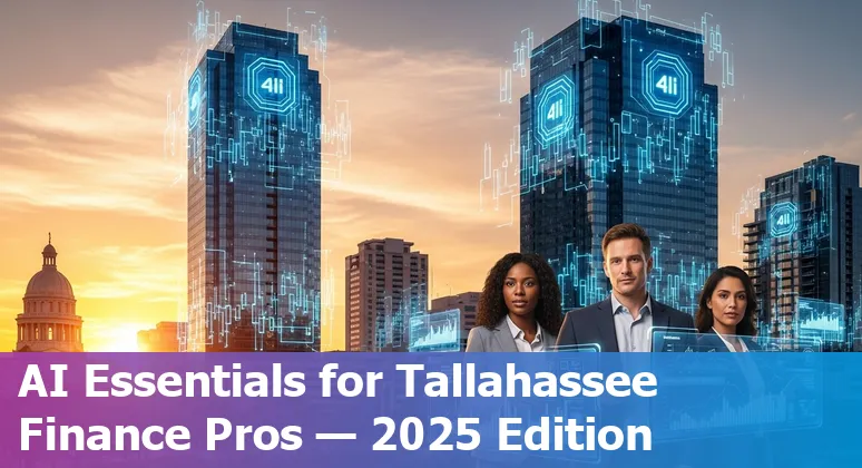 Collage showing finance professionals using AI tools like Arya.ai, Zest AI, AlphaSense on laptops in Tallahassee office.
