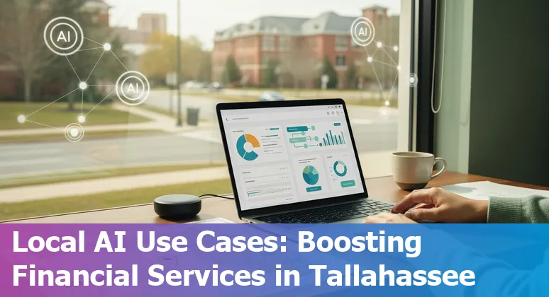 Tallahassee bank staff using AI dashboards with labeled vendor logos like Denser, Zest AI, and BlackRock Aladdin.