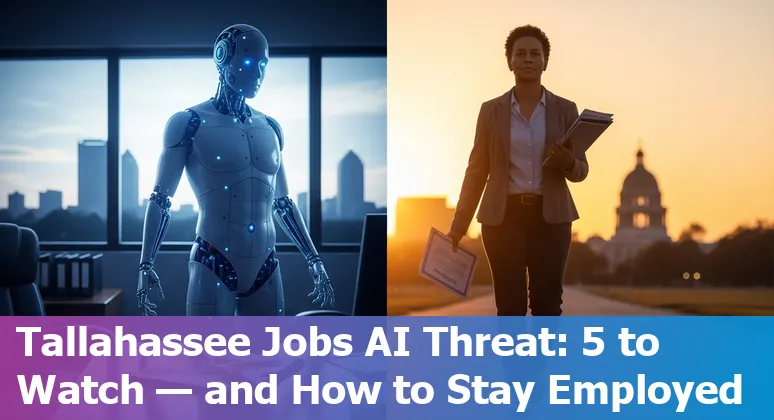 Tallahassee government office worker at a computer with AI icons overlay, representing jobs at risk and training options.