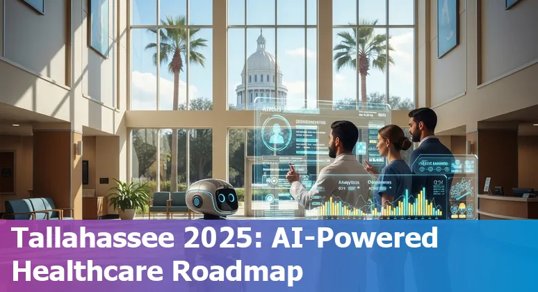Healthcare AI illustration showing Tallahassee, Florida hospital staff using AI tools for diagnostics and administration in 2025