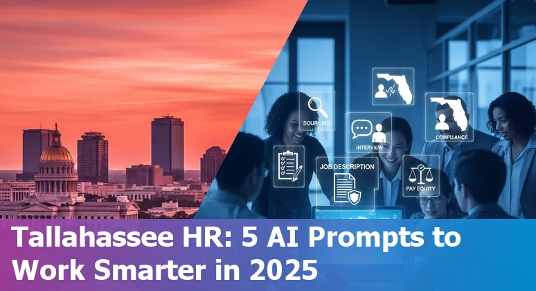 HR professional in Tallahassee using AI prompts on a laptop with FSU campus visible in background