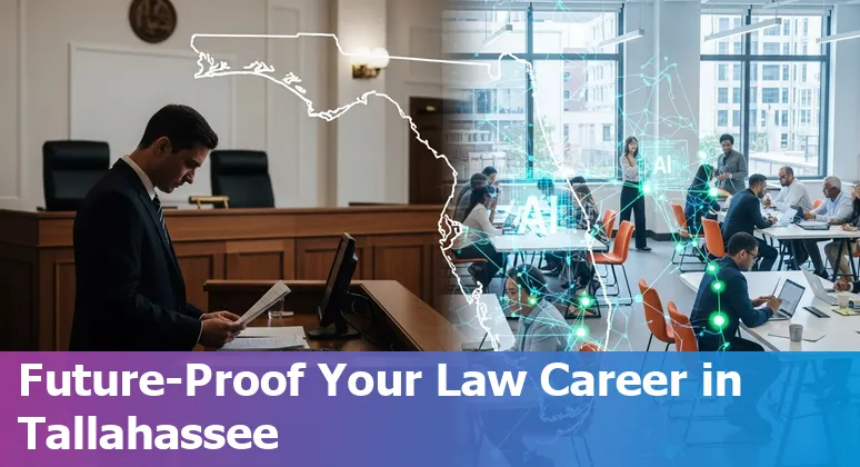 Lawyer using AI tools on laptop in Tallahassee, Florida, US courthouse setting