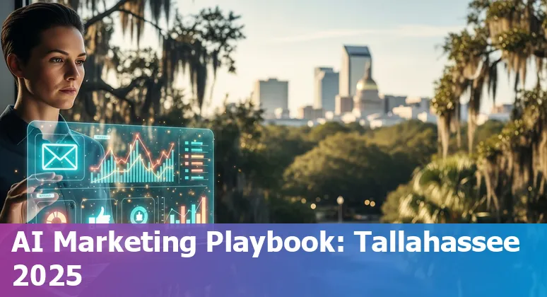 Tallahassee, Florida marketer using AI tools on laptop with FAMU campus skyline in background