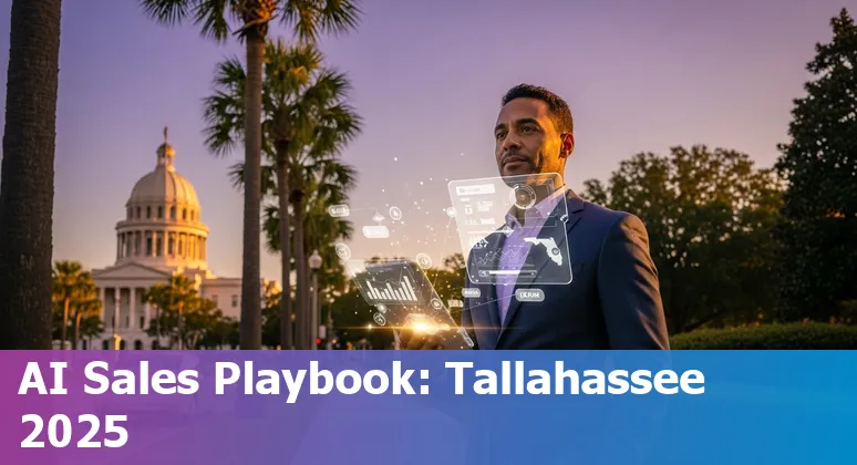 Sales professional using AI tools in an office with Tallahassee, FL skyline visible, 2025