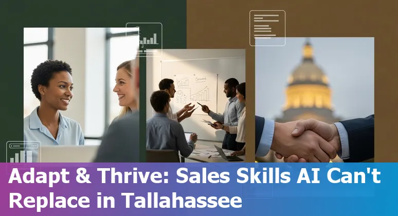 Salesperson using AI tools on laptop in Tallahassee, Florida skyline background